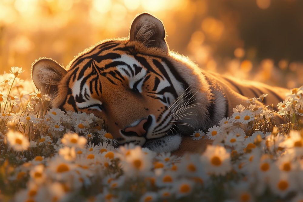 Rustige Tijger in Bloemenveld behang