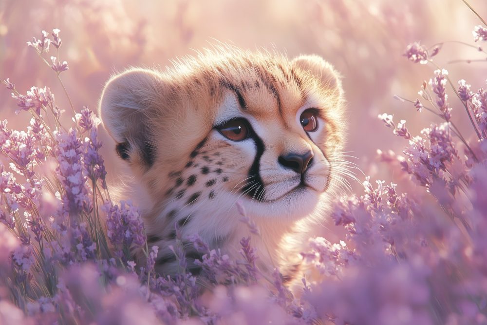Cheetahwelp tussen lavendelbloemen behang