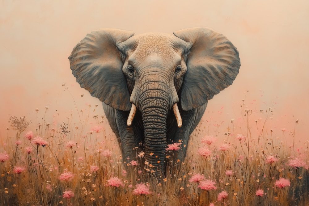 Olifant in roze bloemenveld behang