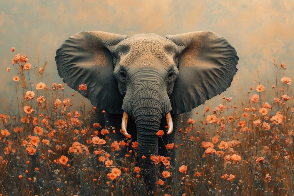 Majestueuze olifant in oranje bloemen behang