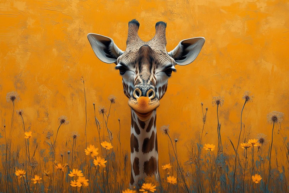 Kleurrijke giraf in bloemenveld behang
