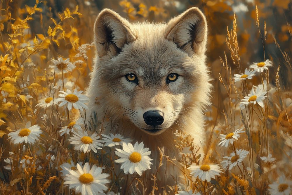 Wolvenbloemen in zonnig veld behang