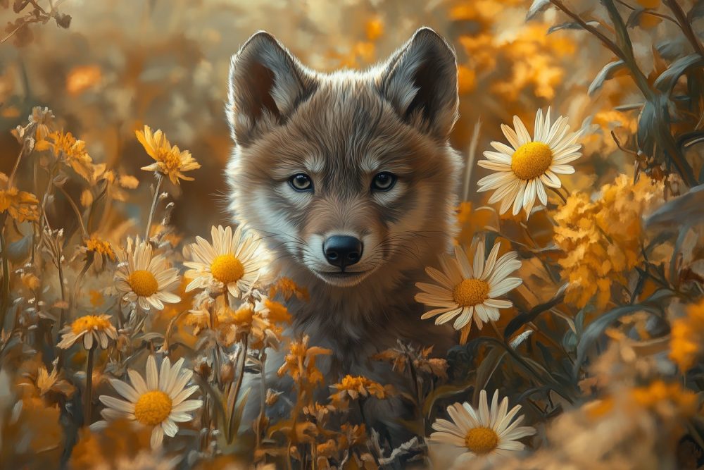 Vos in bloemenveld behang