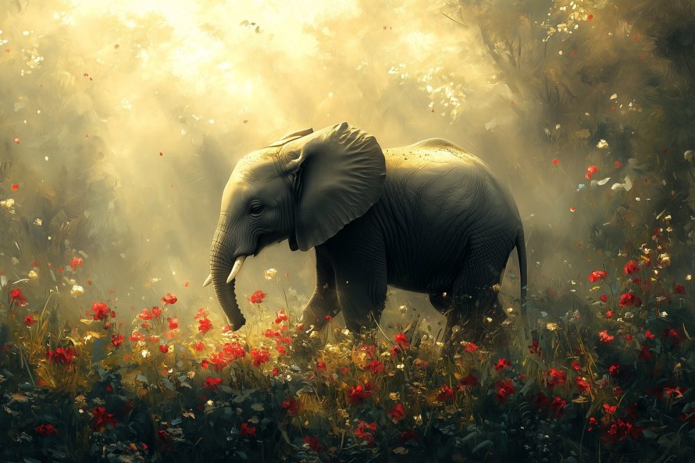 Majestueuze olifant in bloemenveld behang