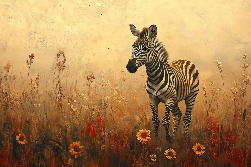 Zebra in bloeiend grasveld behang