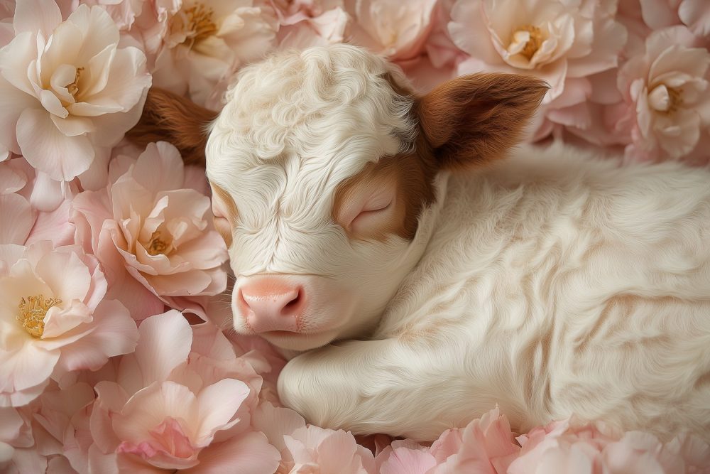 Rustig slapend kalf in bloemen behang