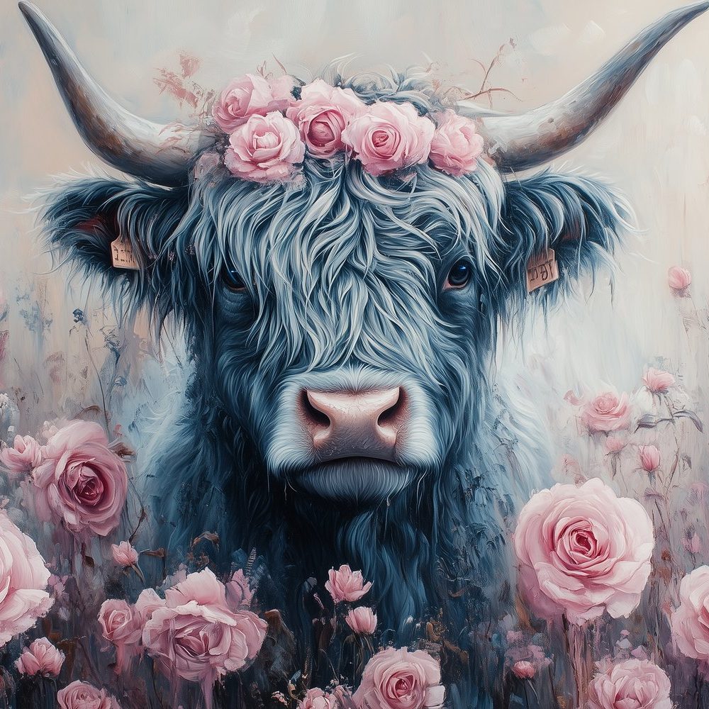 Gekroonde koe in rozentuin behang