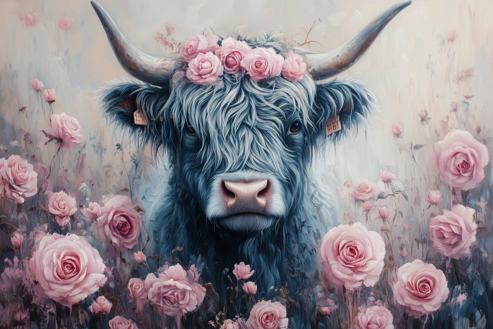 Gekroonde koe in rozentuin behang