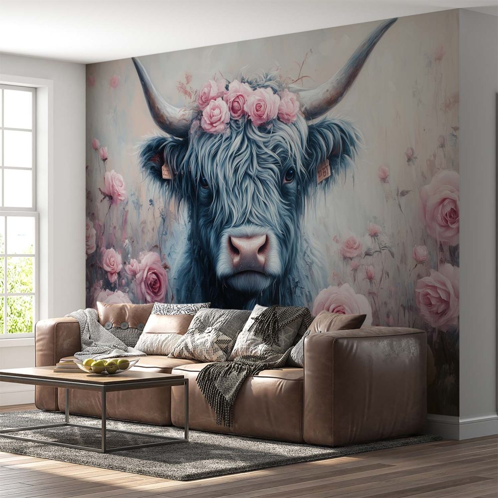 Alternative view of Gekroonde koe in rozentuin behang