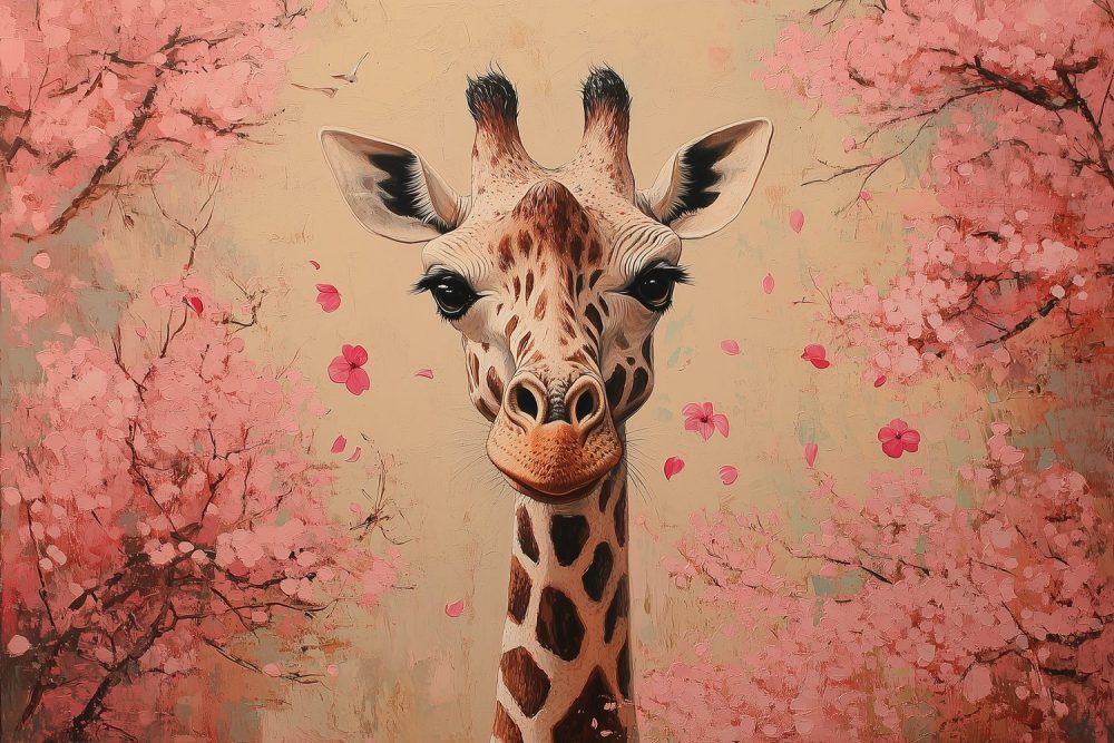 Giraf tussen roze bloemen behang