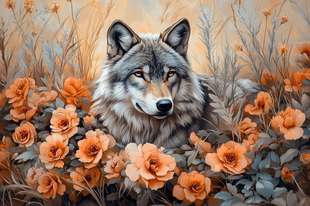 Wolvenveld met oranje bloemen behang