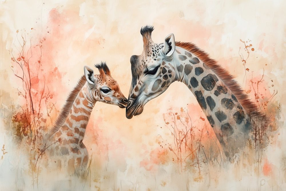 Teder giraffe moeder-kind moment behang