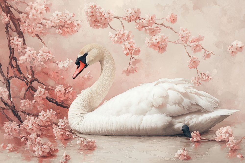 Sierlijke zwaan tussen roze bloemen behang