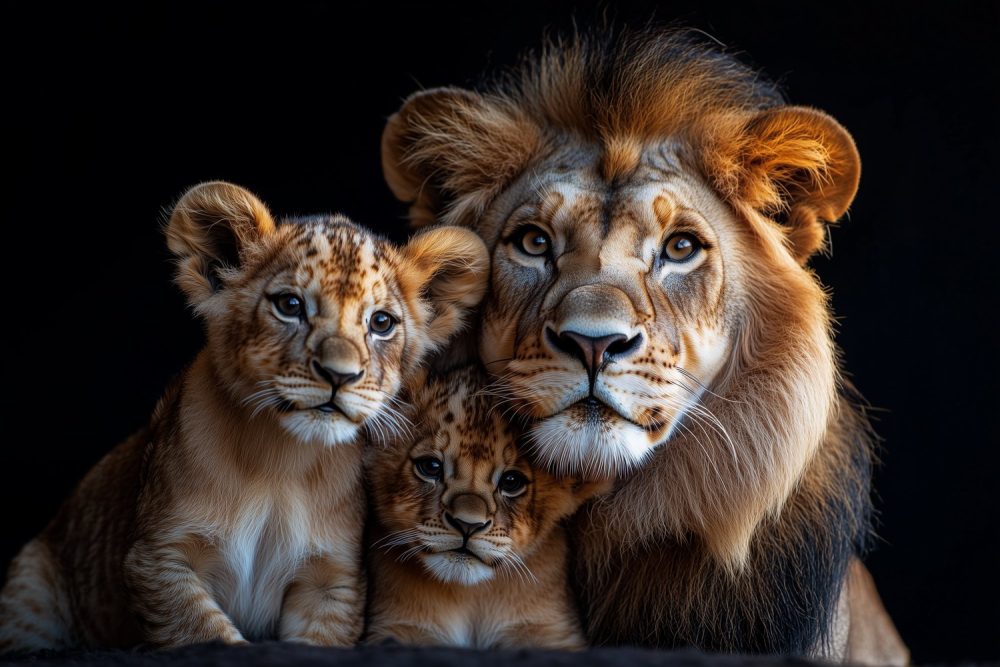 Lionenfamilie knus samengedrukt behang
