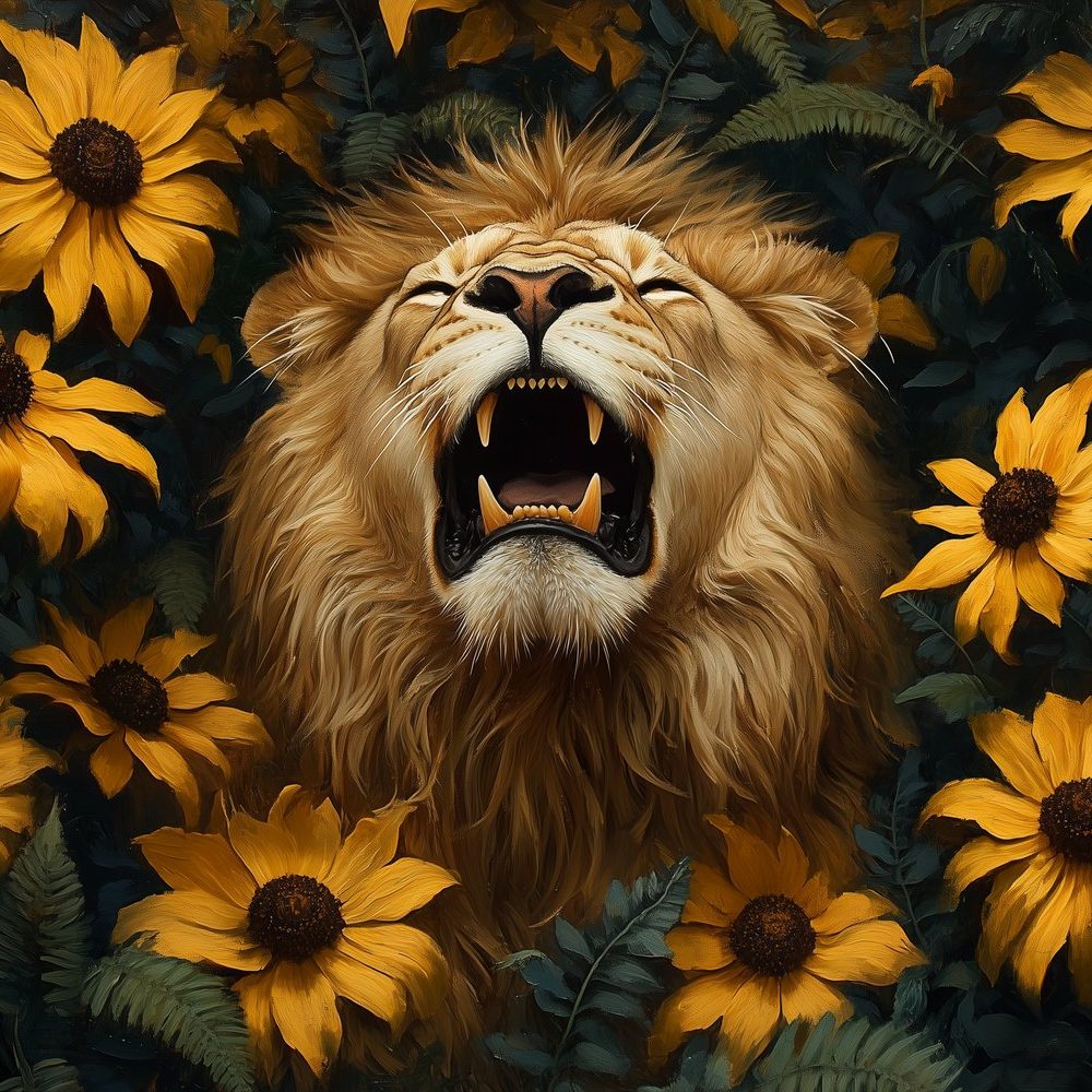 Gouden leeuw in bloemenzee behang