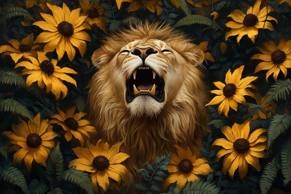 Gouden leeuw in bloemenzee behang