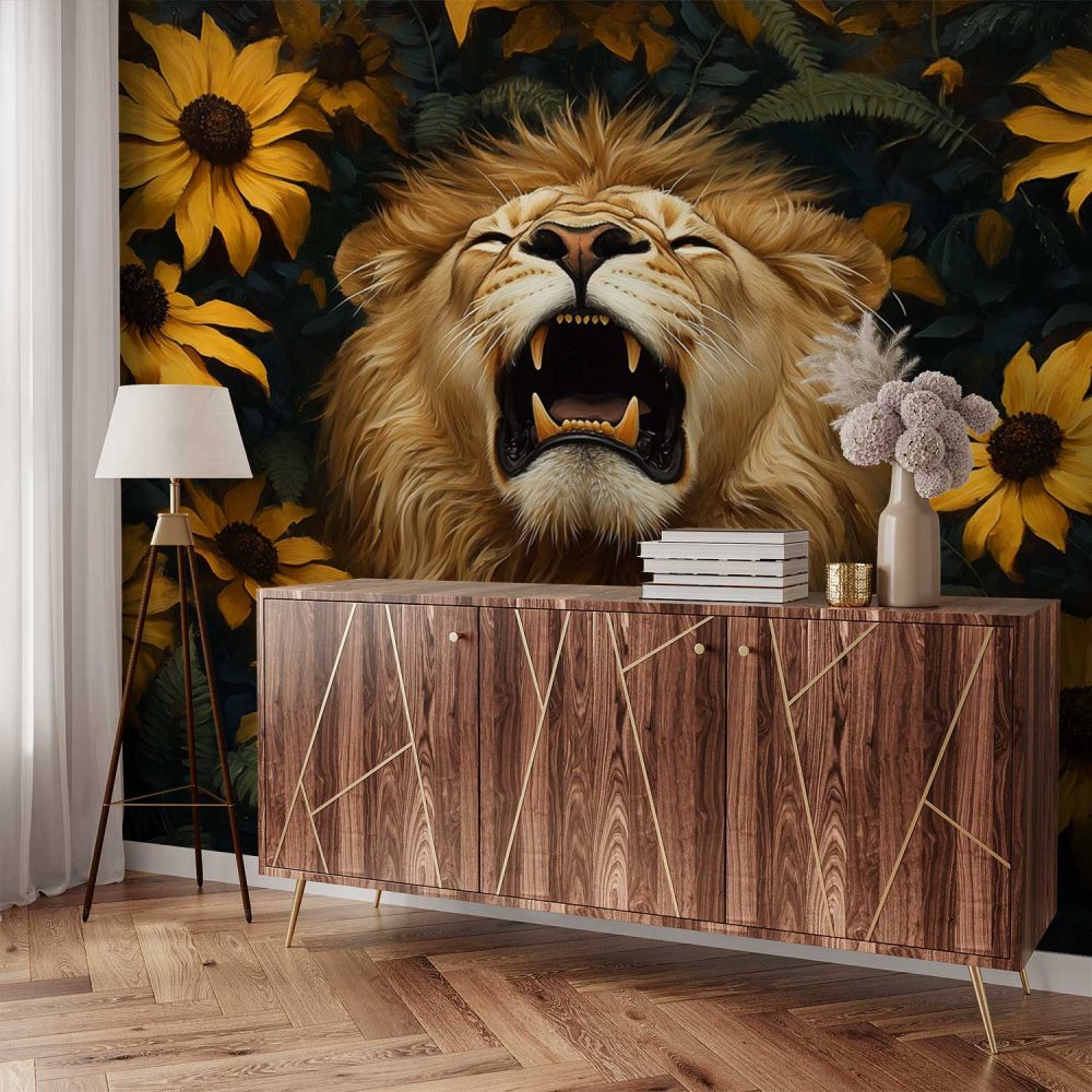 Alternative view of Gouden leeuw in bloemenzee behang