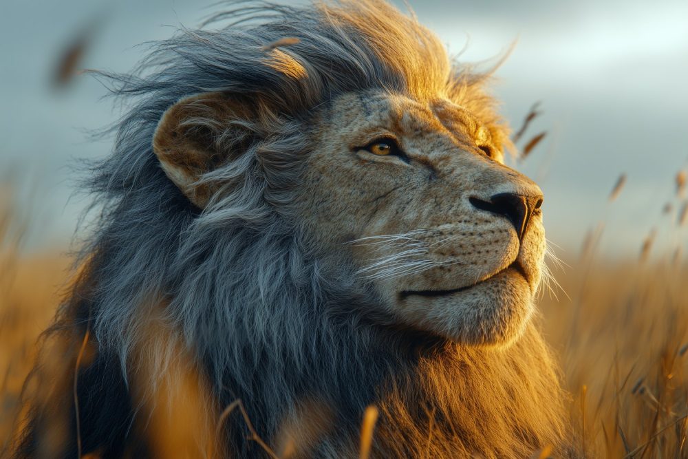 Gouden leeuw in savanne behang