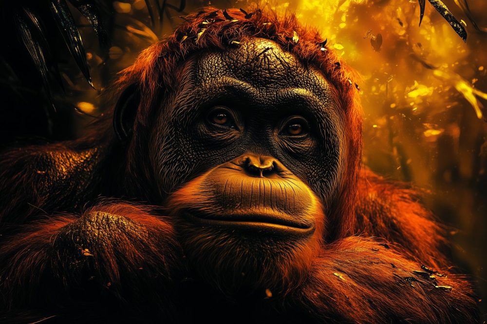 Kalme orangoetan in natuur behang