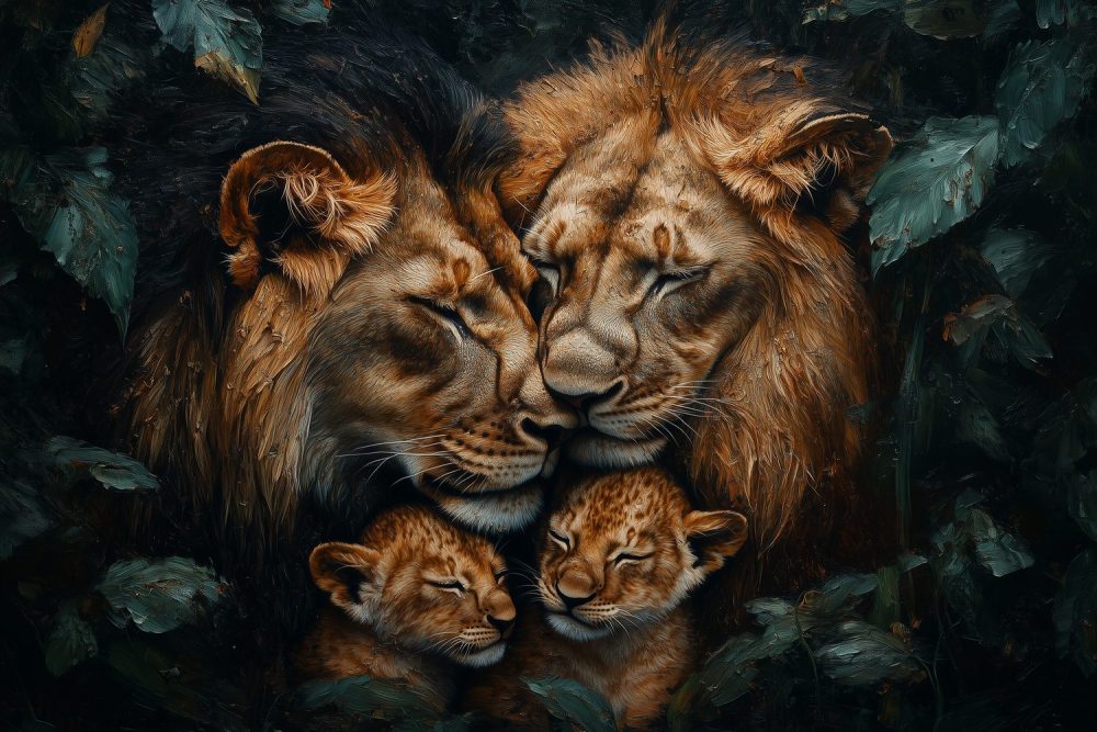 Machtige leeuwenfamilie-eenheid behang