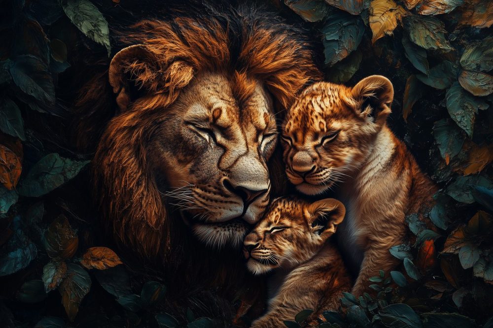 Leeuw met welpen in bos behang