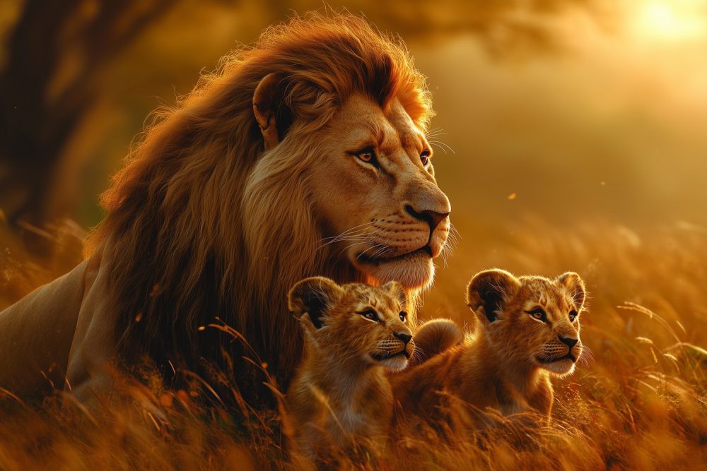 Gouden leeuw met welpen behang