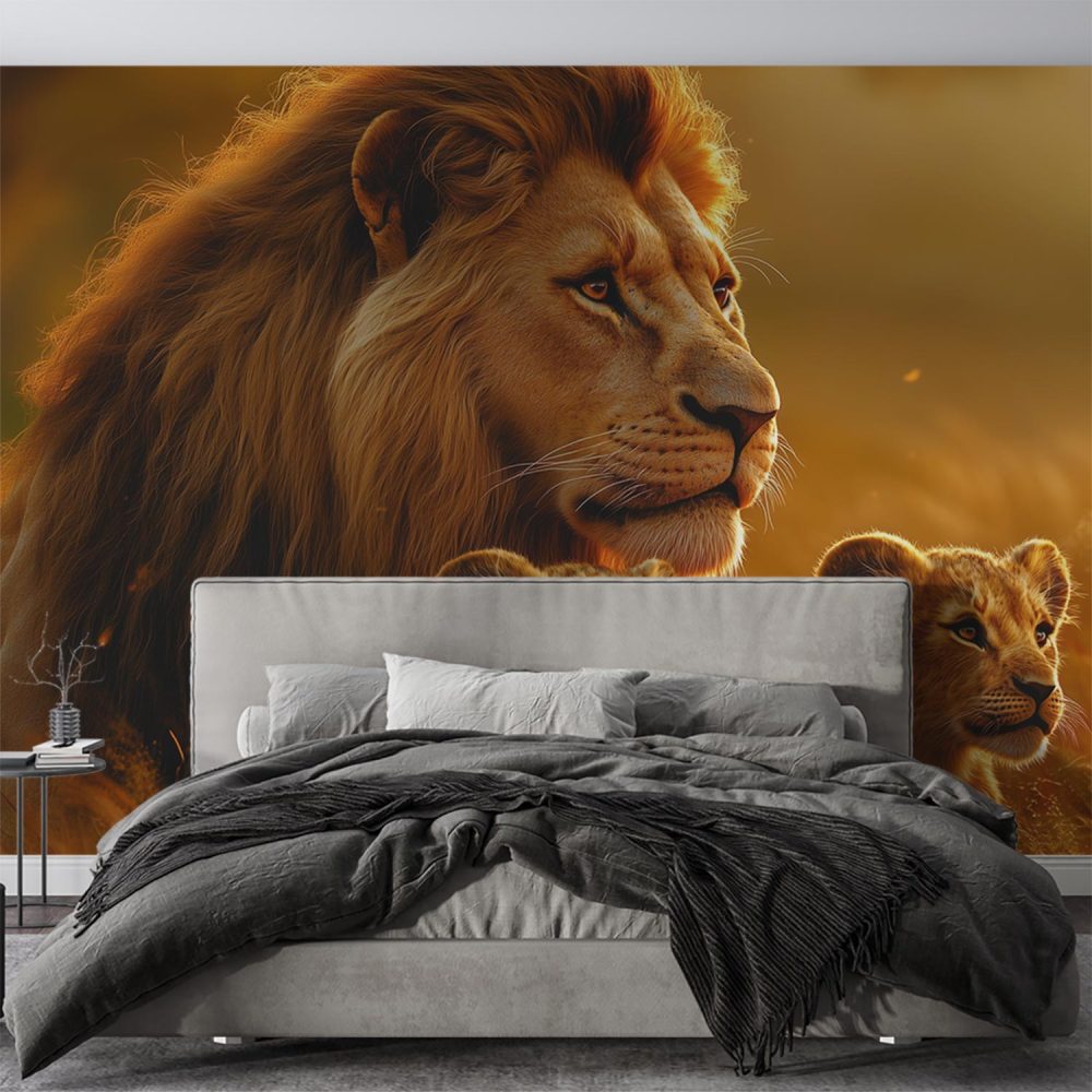 Alternative view of Gouden leeuw met welpen behang