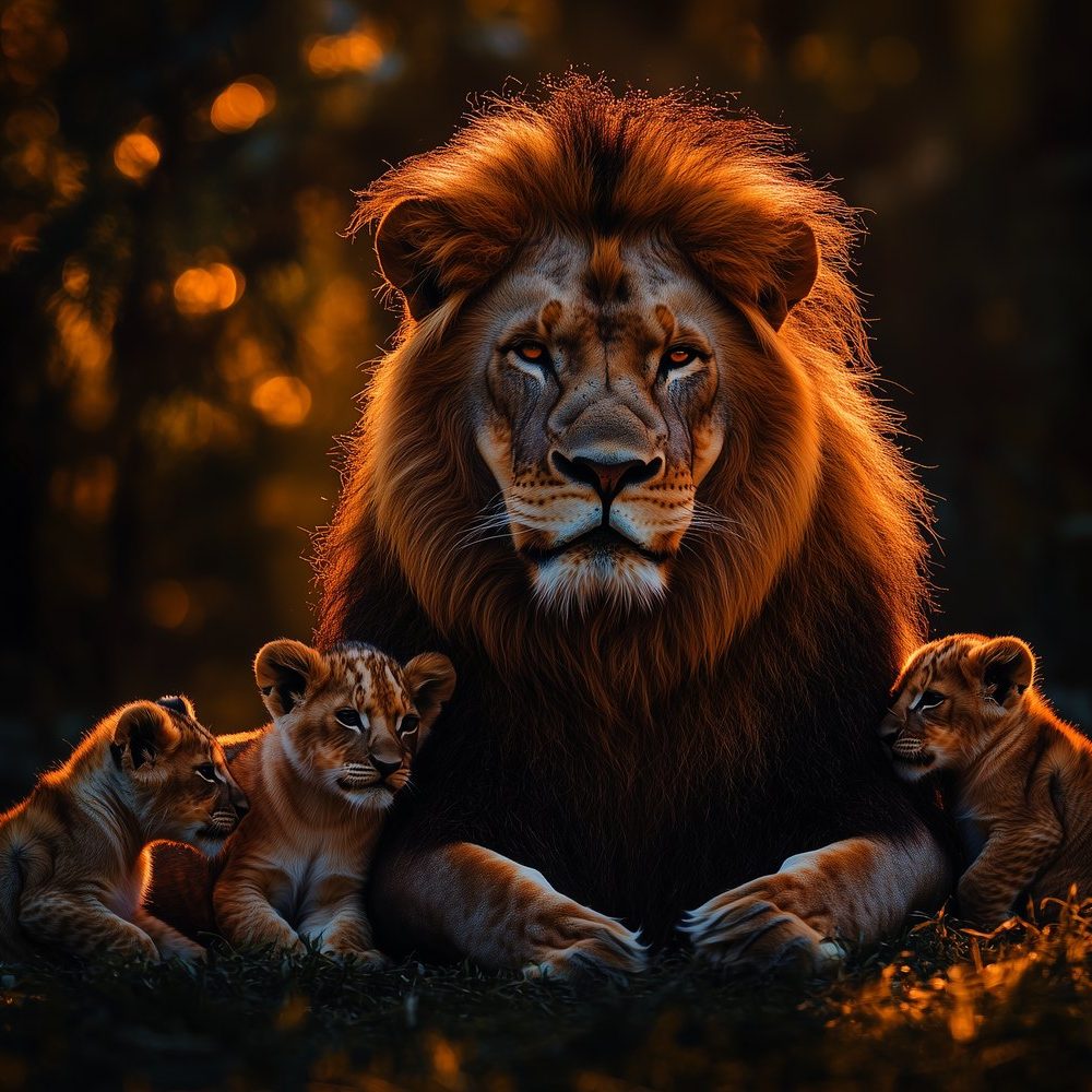 Gouden leeuwenfamilie zonsondergang behang