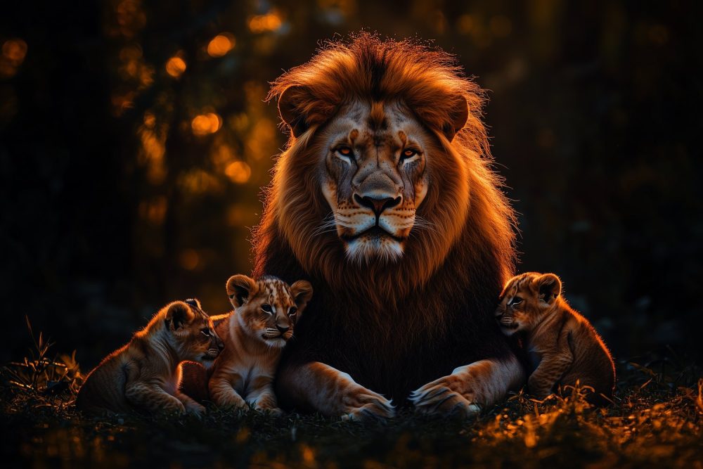 Gouden leeuwenfamilie zonsondergang behang
