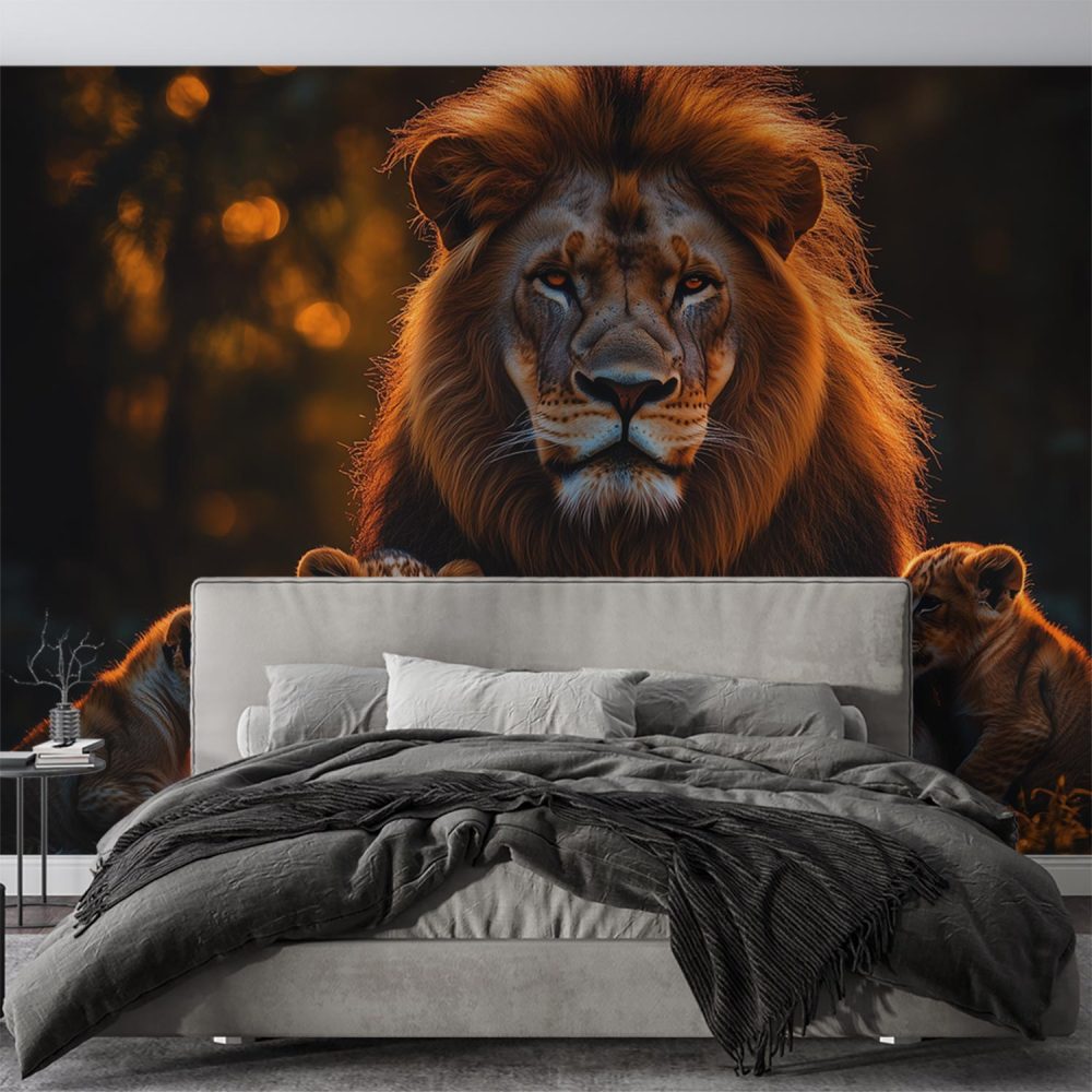 Alternative view of Gouden leeuwenfamilie zonsondergang behang