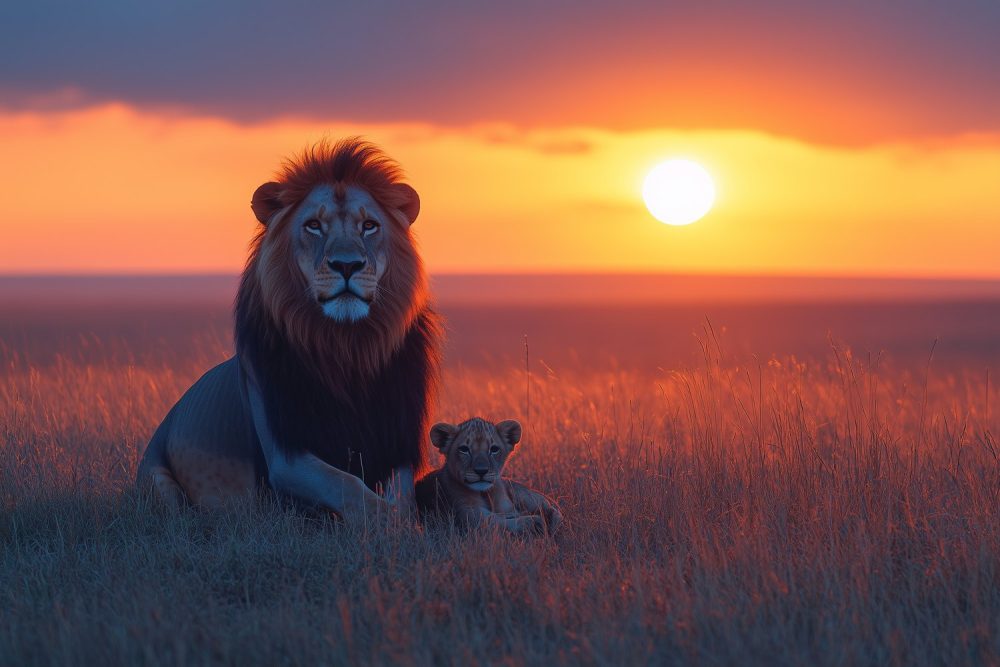 Leeuw en welp zonsondergang behang