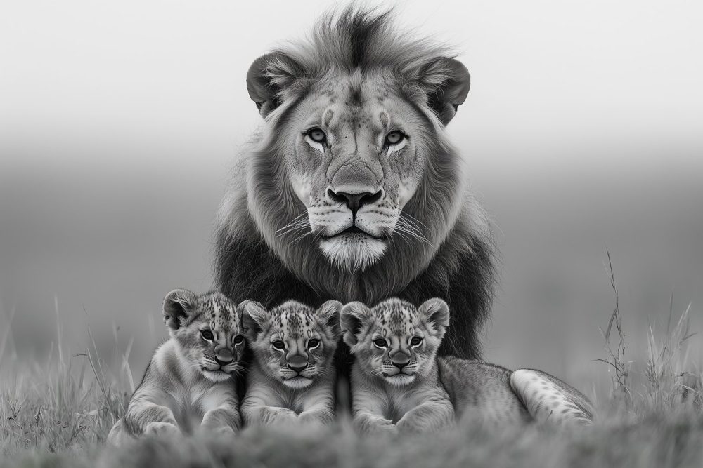 Machtige leeuwenfamilie in zwart-wit behang