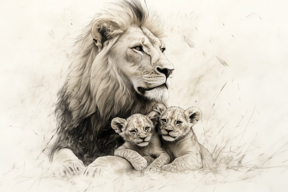 Liefdevolle leeuwenmoeder en welpen behang
