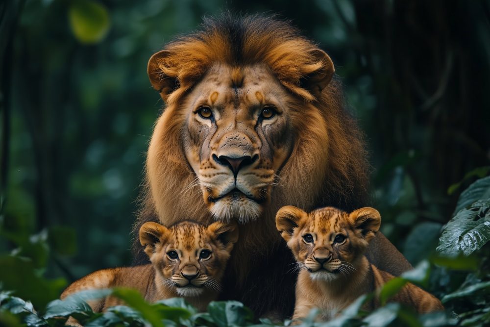 Koninklijke leeuwenfamilie in bos behang