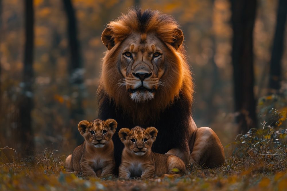 Leeuwenfamilie in bos behang