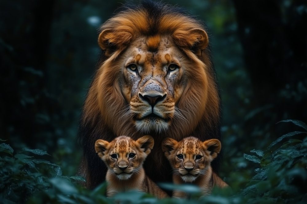 Leeuw met welpen in bos behang