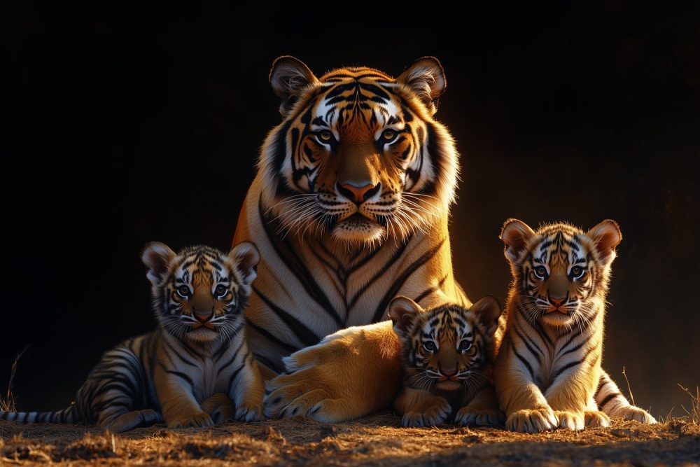 Moeder tijger beschermt welpen behang