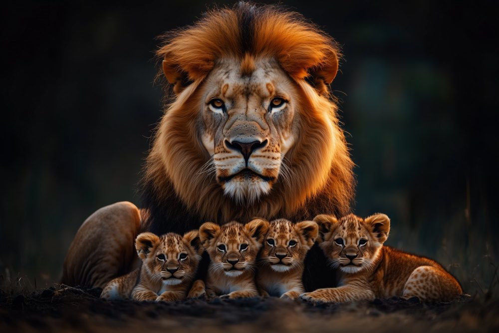 Leeuwenfamilie in rust behang