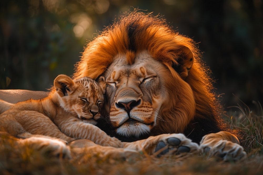 Leeuw en welp rusten samen behang