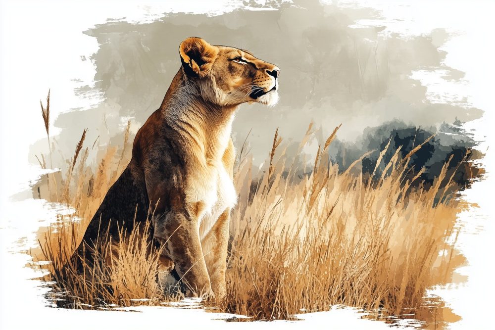 Stille leeuwin in gras behang