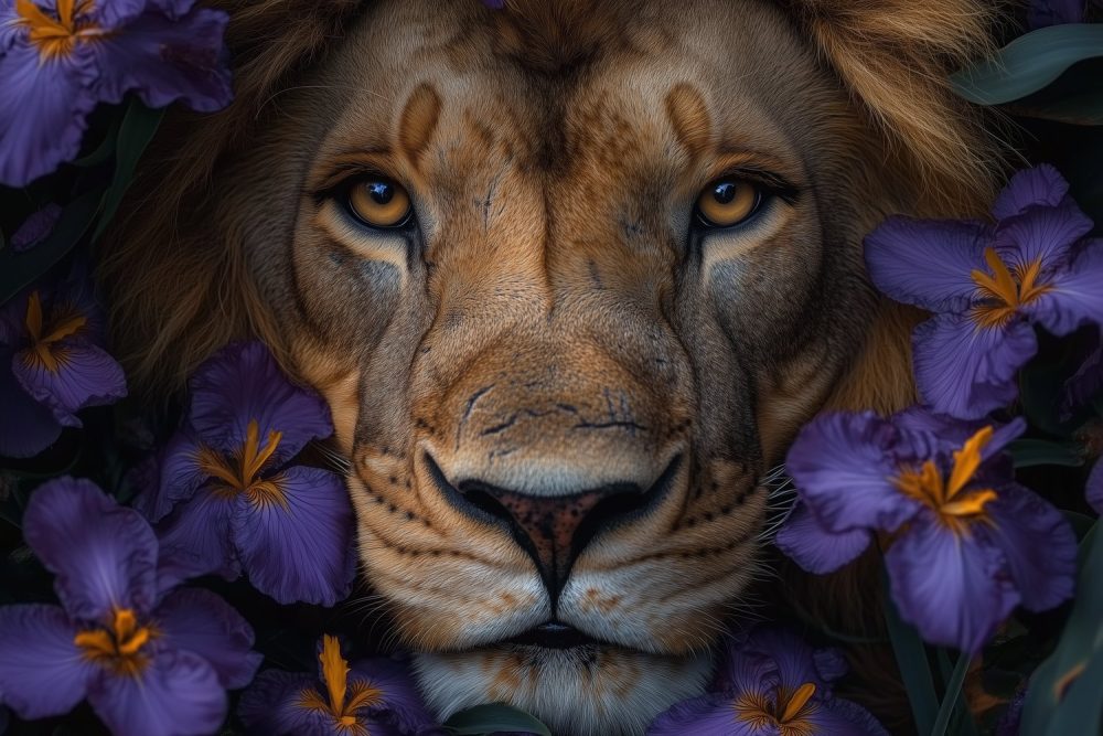 Leeuw tussen kleurrijke bloemen behang