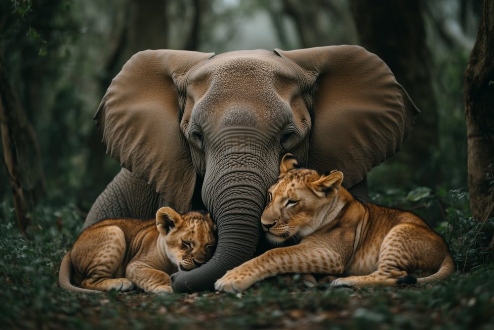 Majestueuze olifant met leeuwen behang