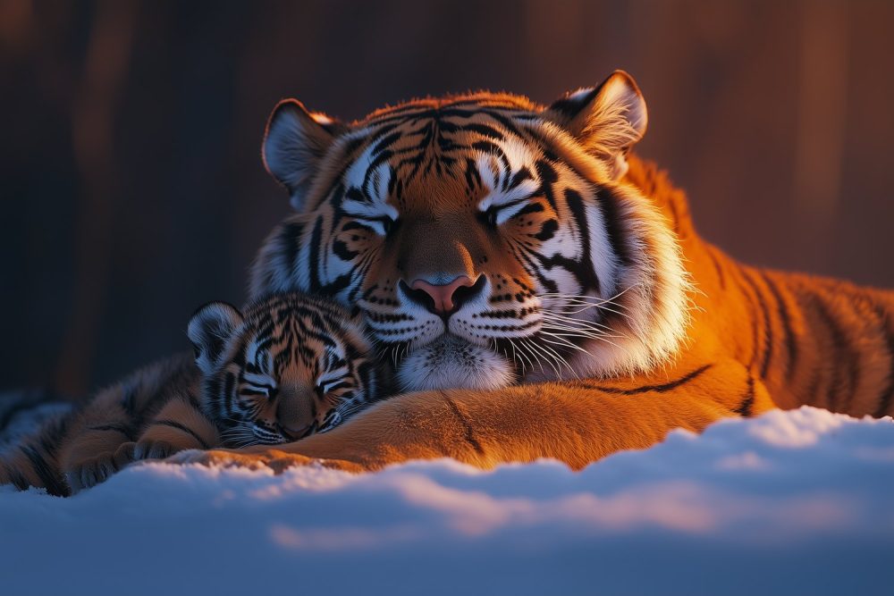 Sneeuwluierende tijgermoeder en welp behang