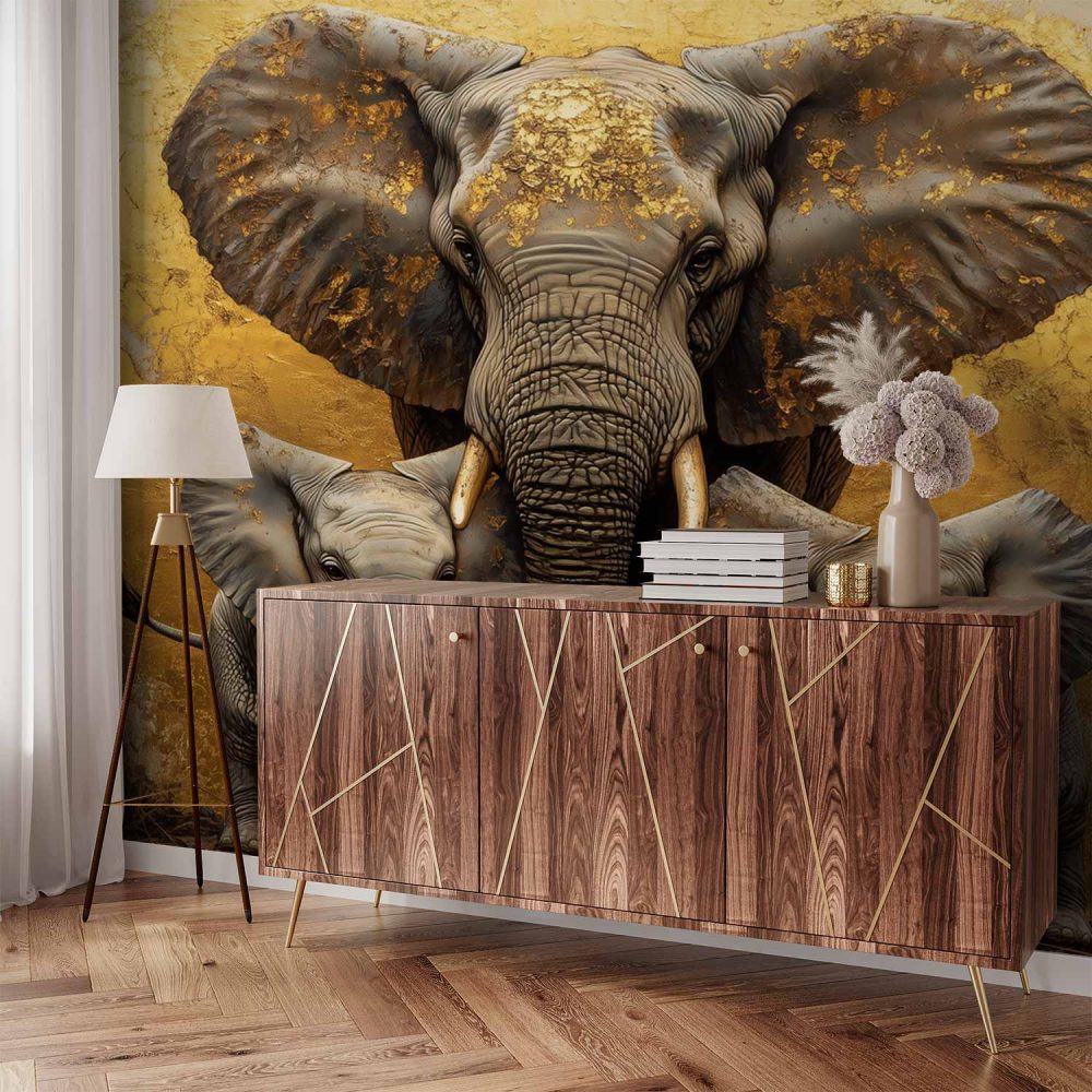 Alternative view of Gouden Olifantenfamilie behang