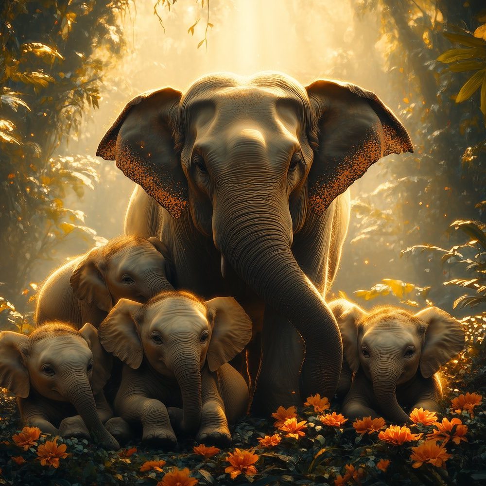 Beschermende olifantenfamilie in bos behang