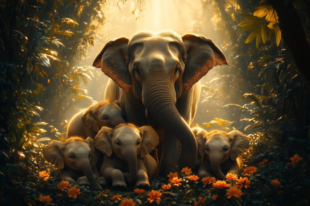 Beschermende olifantenfamilie in bos behang
