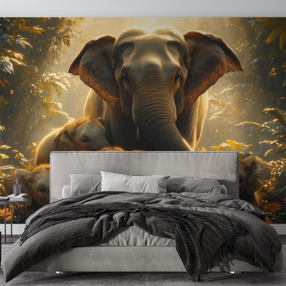 Alternative view of Beschermende olifantenfamilie in bos behang