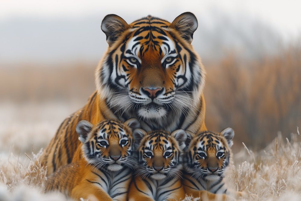 Sneeuwtijger met welpen behang