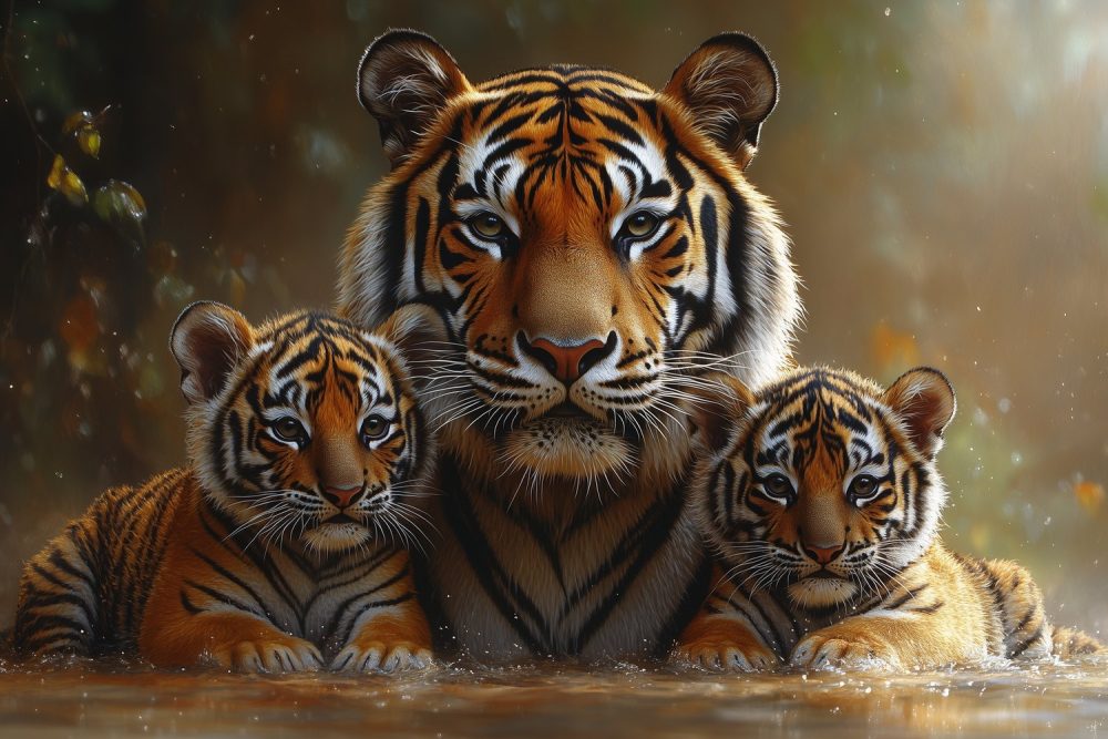 Tijgerfamilie in water behang