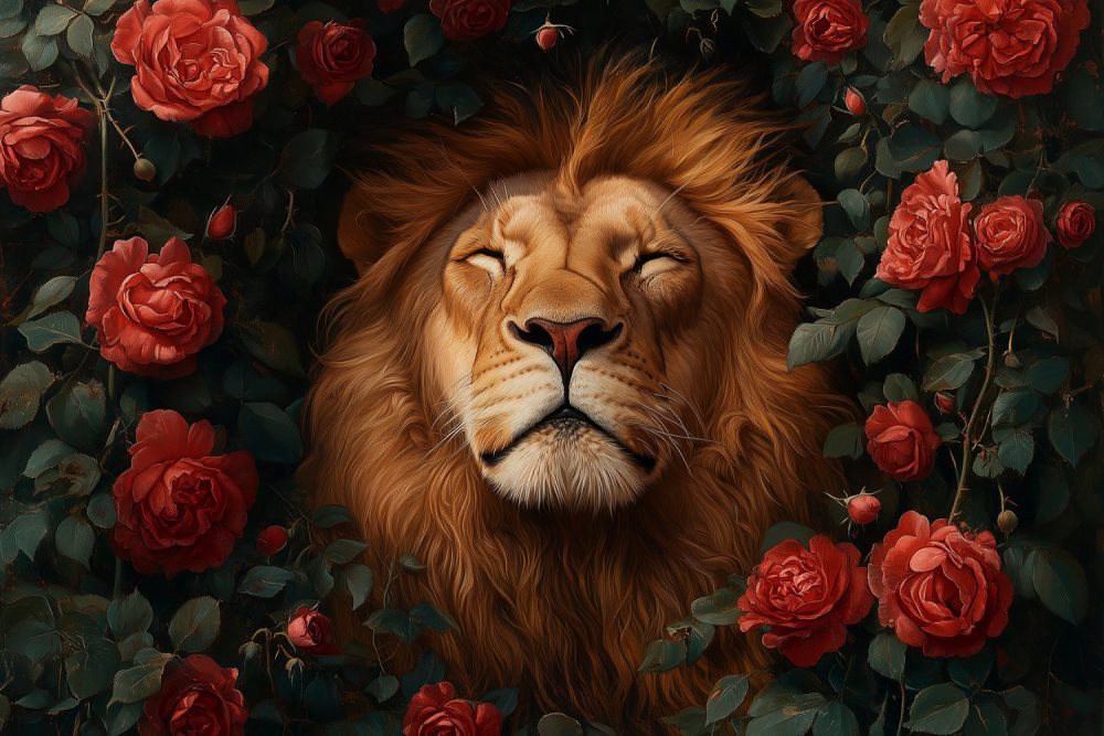 Koninklijke leeuw tussen rozen behang